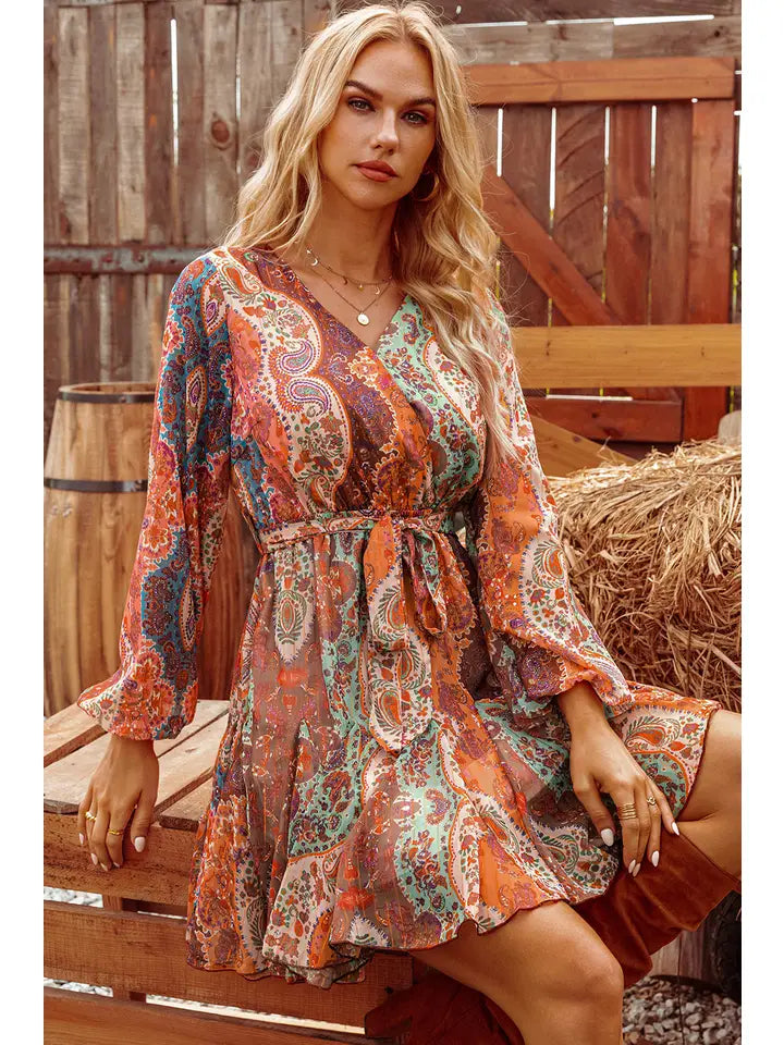 Fall Boho Paisley Long Sleeve Pleated Belted Mini Dress