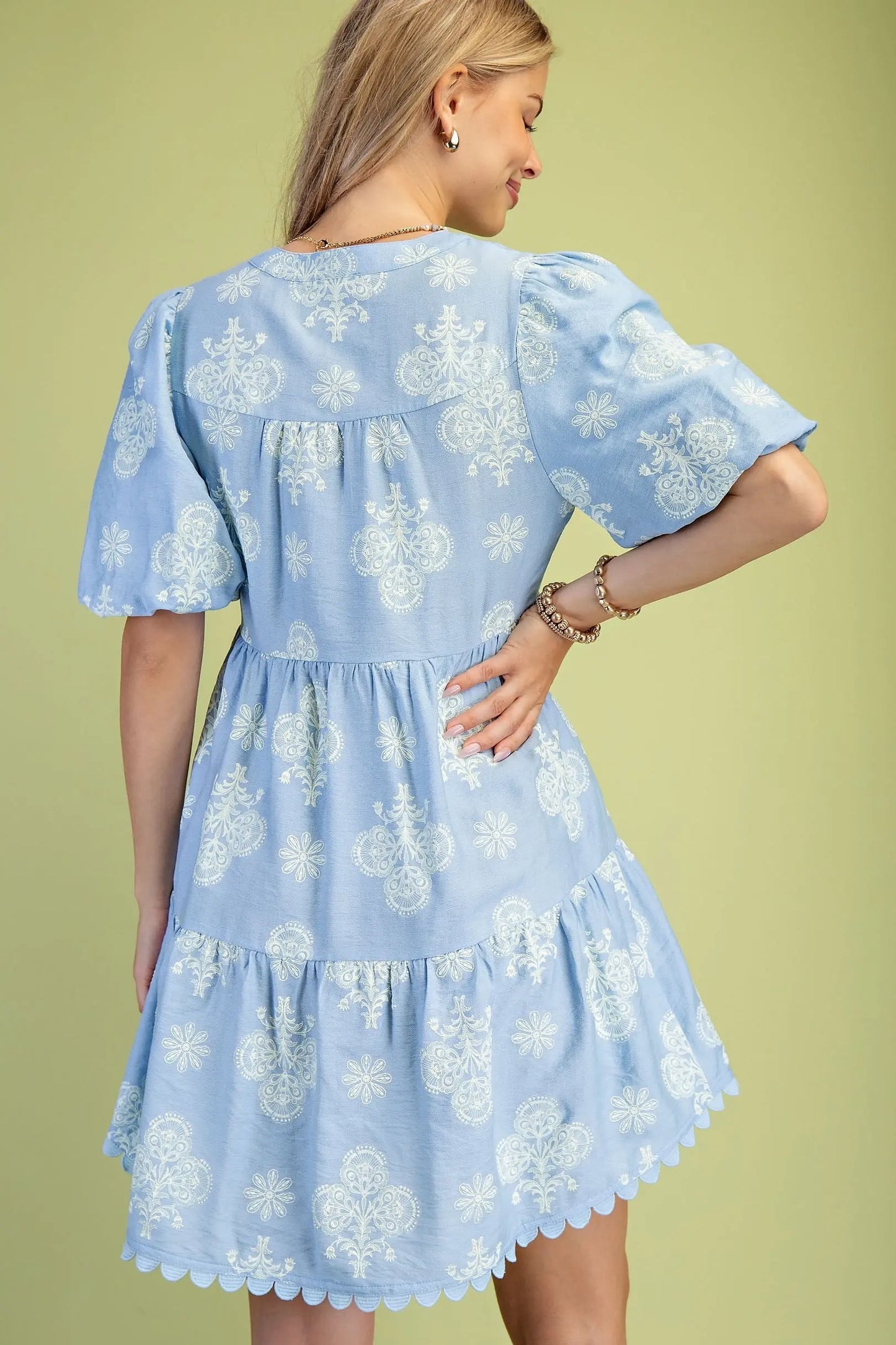 Puff Printed Tiered Mini Dress with Decorative Trim Details