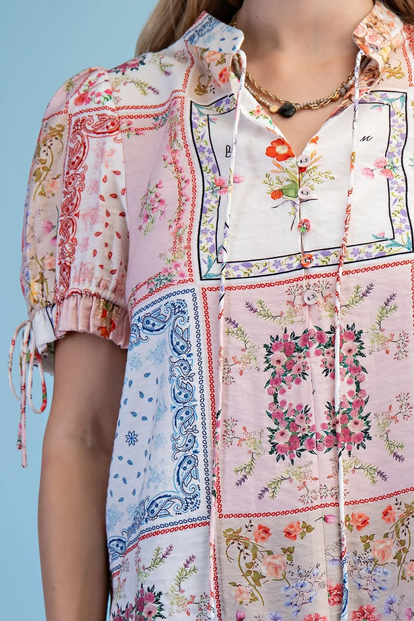 Patchwork Print Half Button Blouse with Neck and Sleeve Tie Details