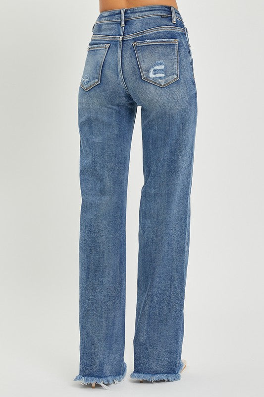 RISEN HIGH RISE STRAIGHT JEANS FRAYED HEM