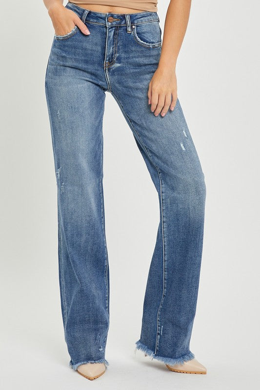 RISEN HIGH RISE STRAIGHT JEANS FRAYED HEM