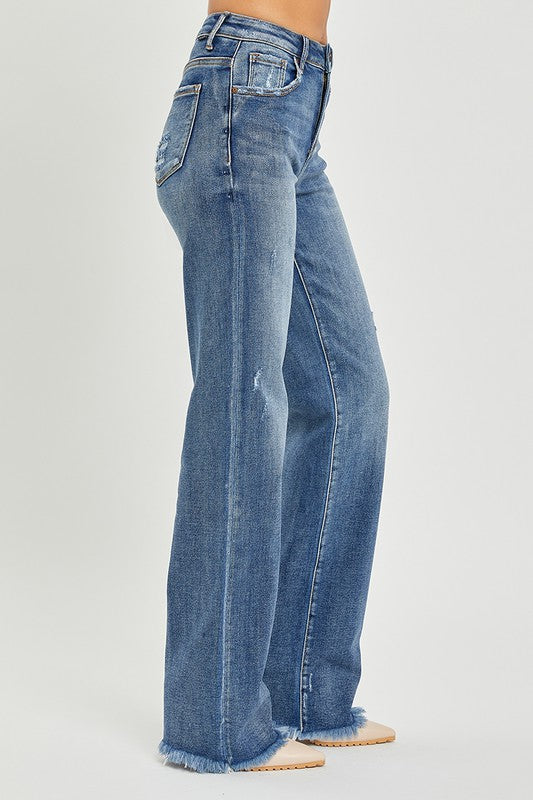 RISEN HIGH RISE STRAIGHT JEANS FRAYED HEM