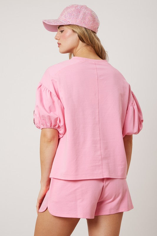 Sequin Crawfish Puff Sleeve Top