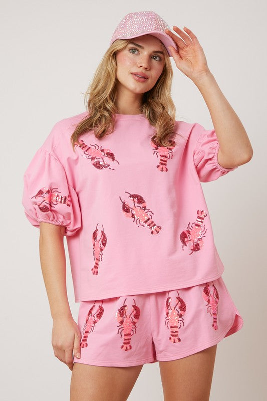 Sequin Crawfish Puff Sleeve Top