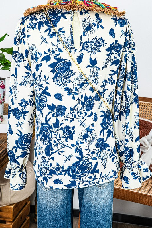 Floral Print Flounce Sleeve Keyhole Back Blouse