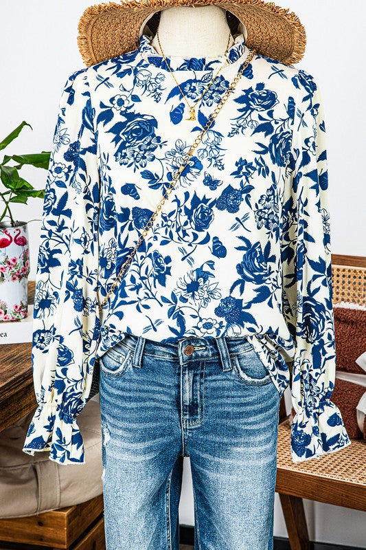 Floral Print Flounce Sleeve Keyhole Back Blouse