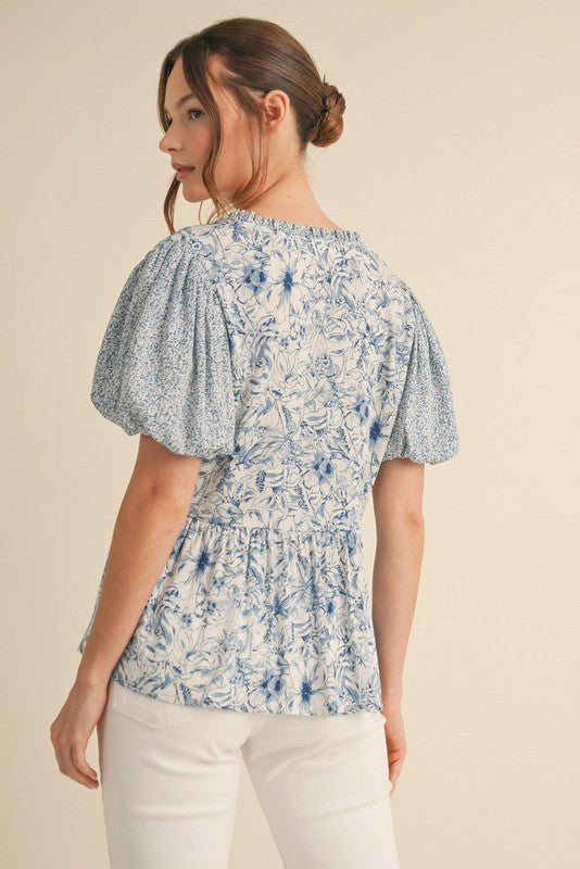 Mixed Print Bow Ties Peplum Top