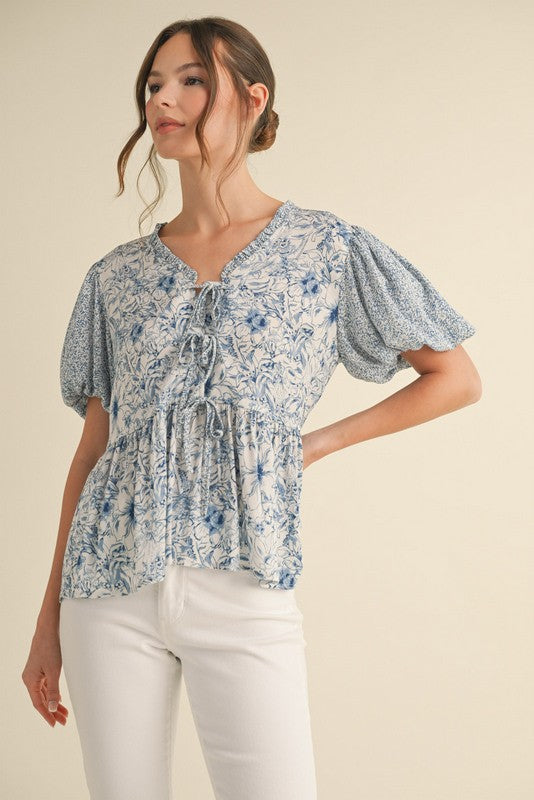 Mixed Print Bow Ties Peplum Top