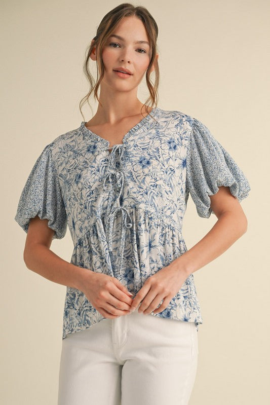 Mixed Print Bow Ties Peplum Top