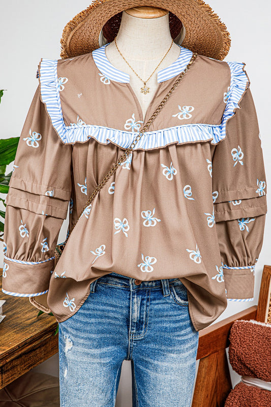 Bow Print V Neck Puff Sleeve Blouse