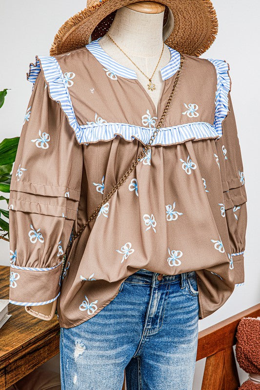 Bow Print V Neck Puff Sleeve Blouse