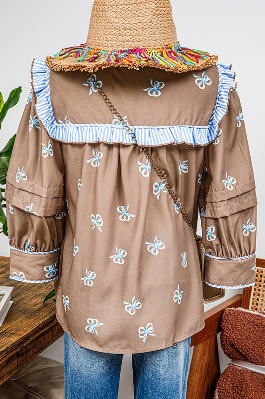 Bow Print V Neck Puff Sleeve Blouse