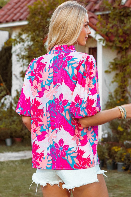 Tropical Plant Printed V Neck Puff Sleeve Blouse