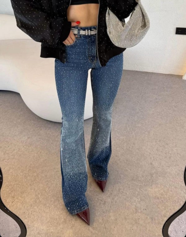 Flared Stretch Jeans With Rhinestone Sparkle