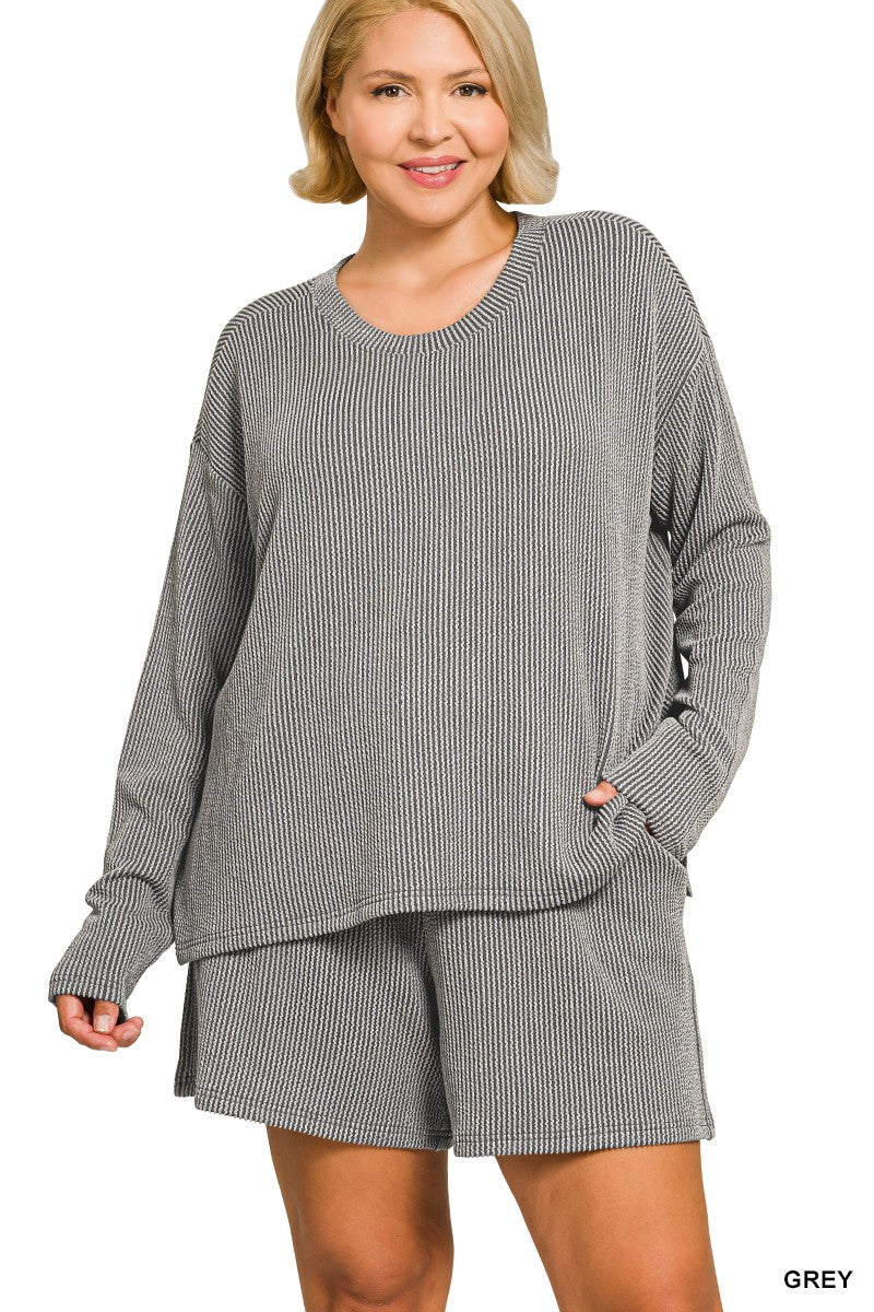 Plus Raised Rib Long Sleeve Tee & Shorts Set