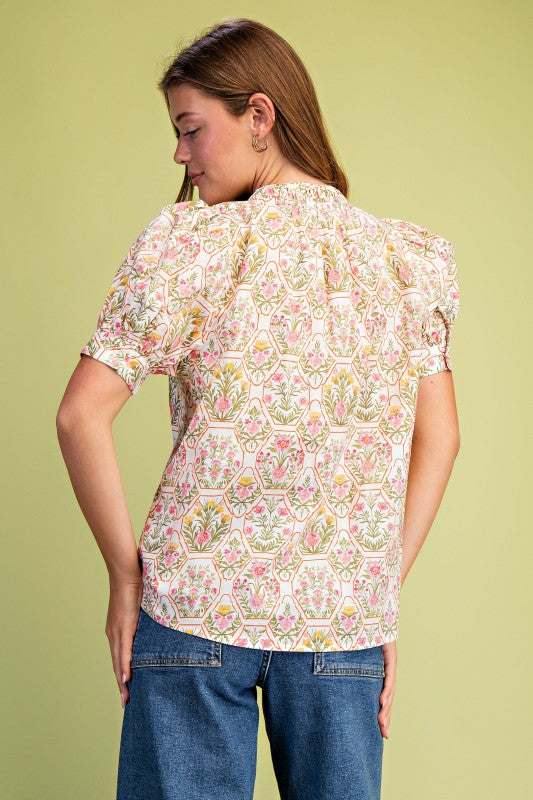 Floral Tile Print Short Puff Sleeve Top