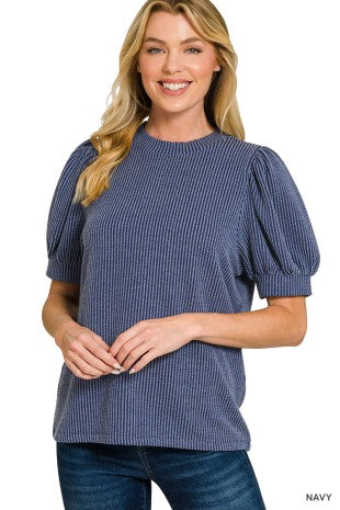 Raised Rib Puff Sleeve Top