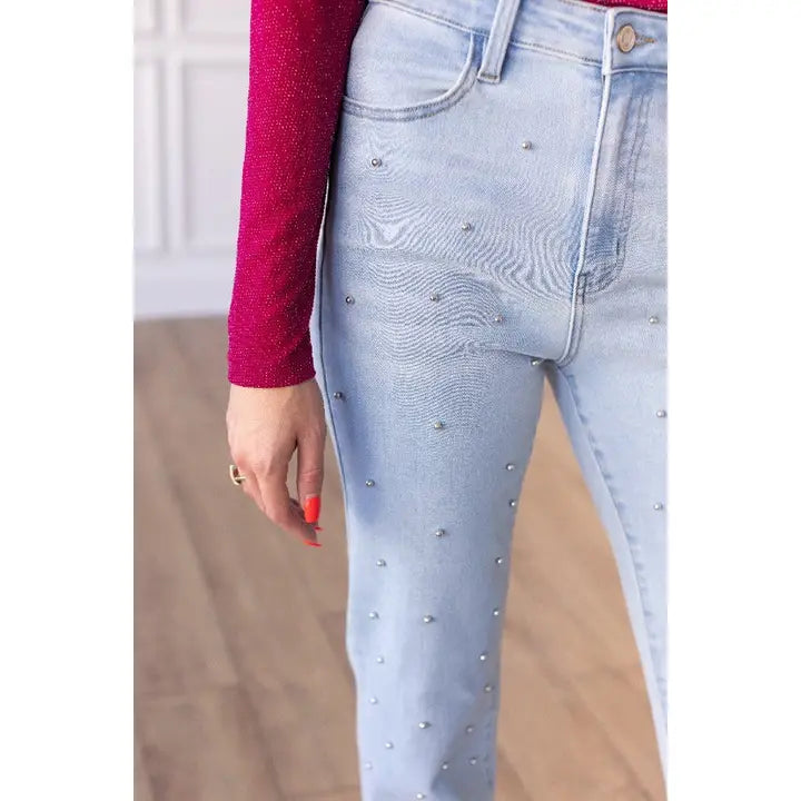 Light Wash Straight Leg Jean with Studs