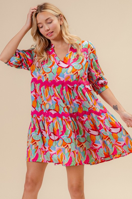 Woven Printed Tiered Dress With Wavy Trim
