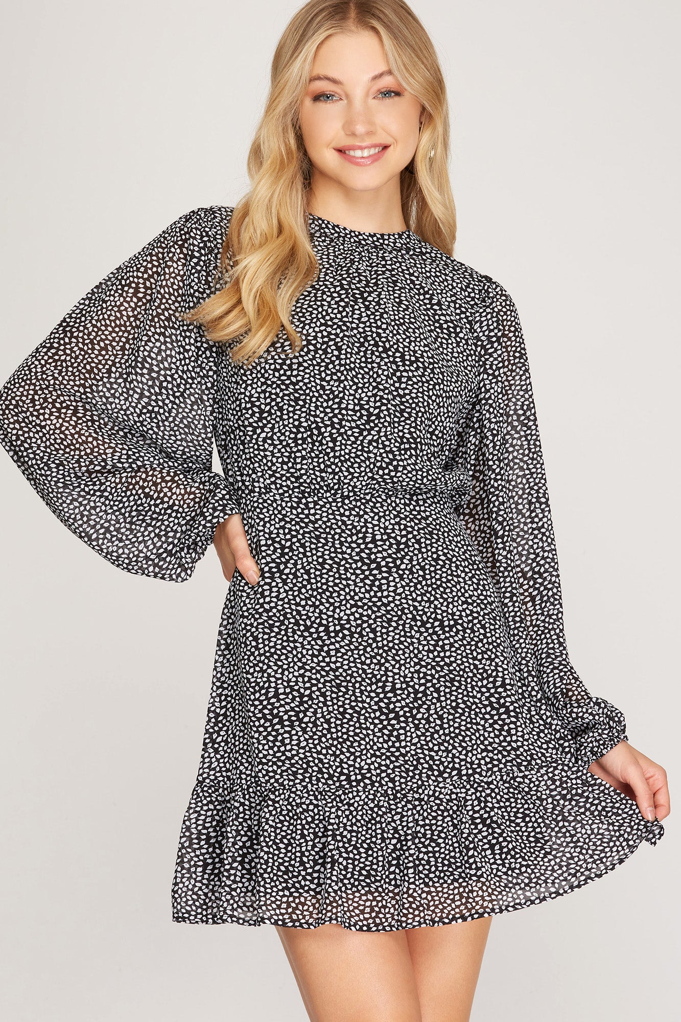 LONG SLEEVE WOVEN PRINT DRESS WITH FLOUNCE HEM