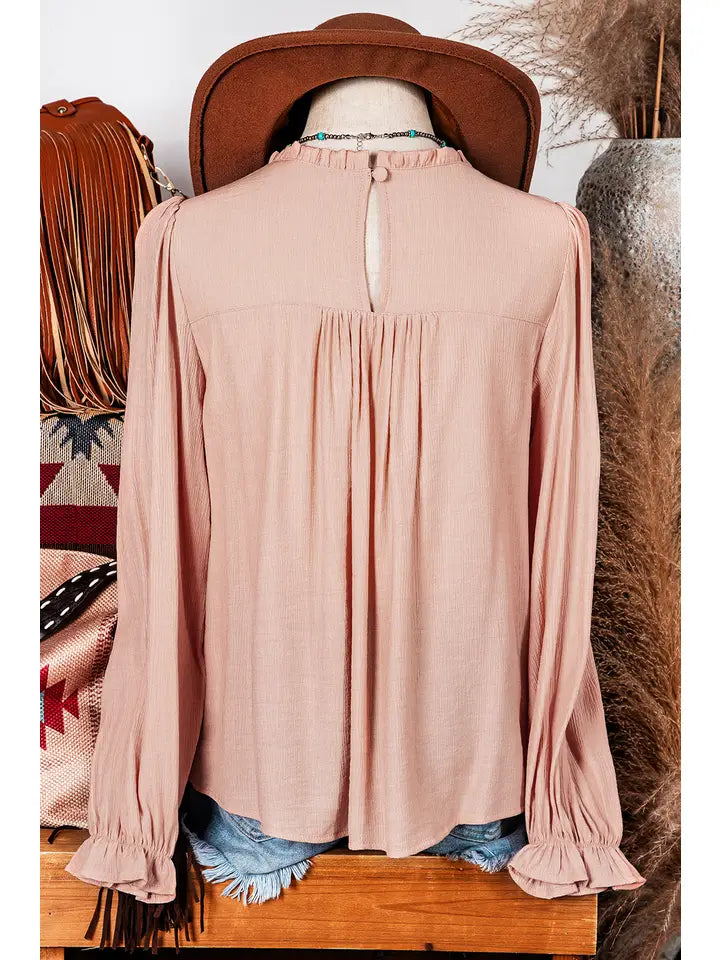 Floral Embroidered Textured Flounce Sleeve Elegant Blouse