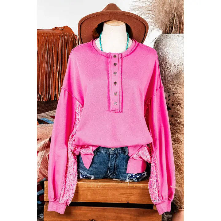 Sequin Patchwork High Low Hem Henley Sweatshirt, Pink