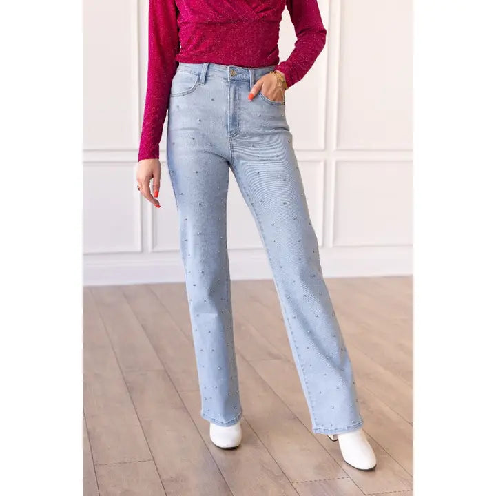 Light Wash Straight Leg Jean with Studs