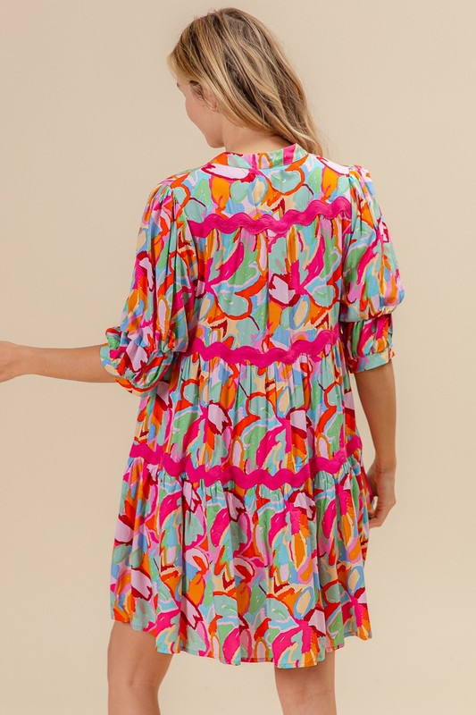 Woven Printed Tiered Dress With Wavy Trim