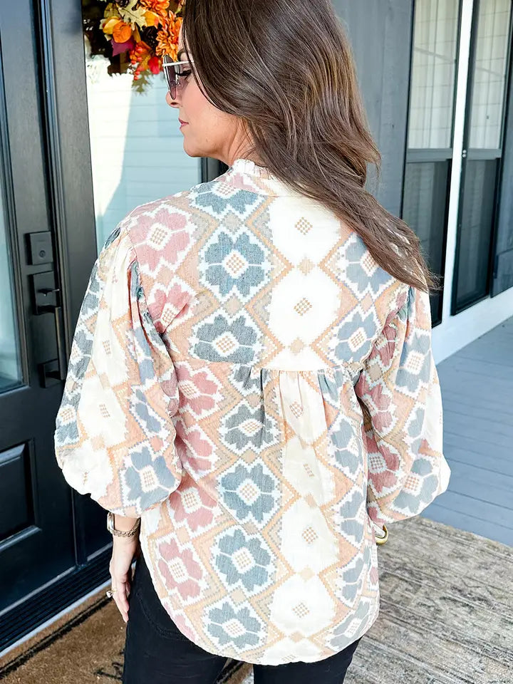 Khaki Geometric Print Tassel Balloon Sleeve Blouse