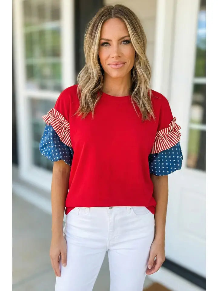 Stars Stripes Short Puff Sleeve Top