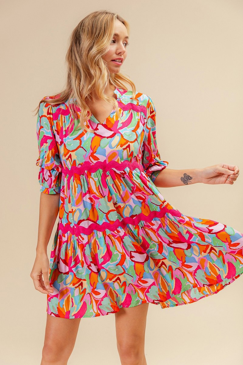 Woven Printed Tiered Dress With Wavy Trim
