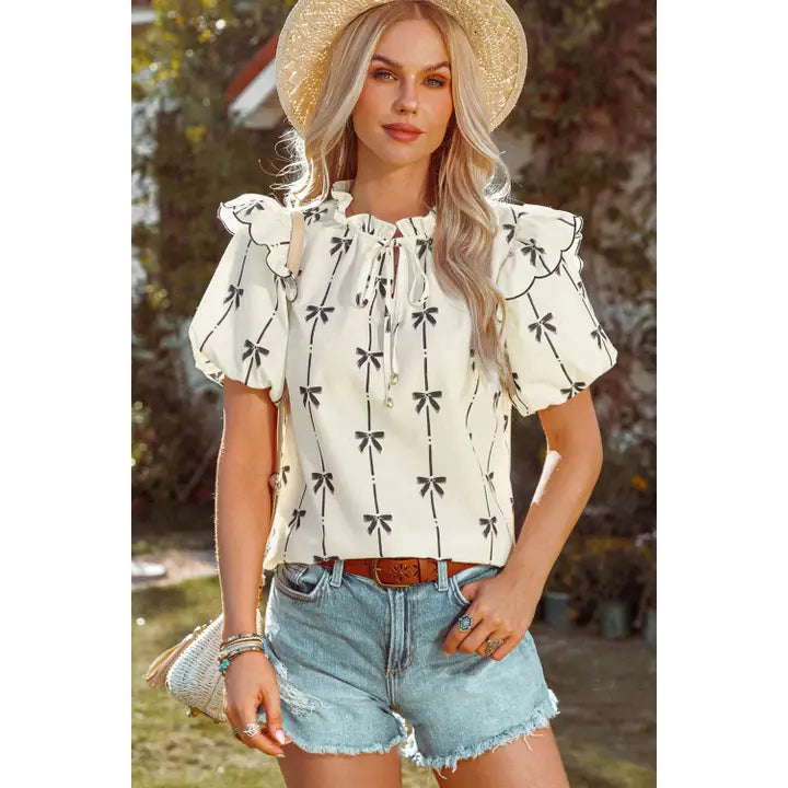 Fashion-W Bow Ruffled Bubble Sleeve Tied Notched Blouse