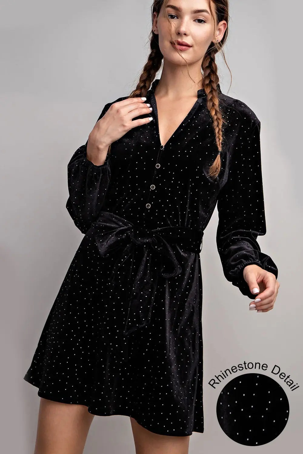 Rhinestone Tie Waist Velvet Dress