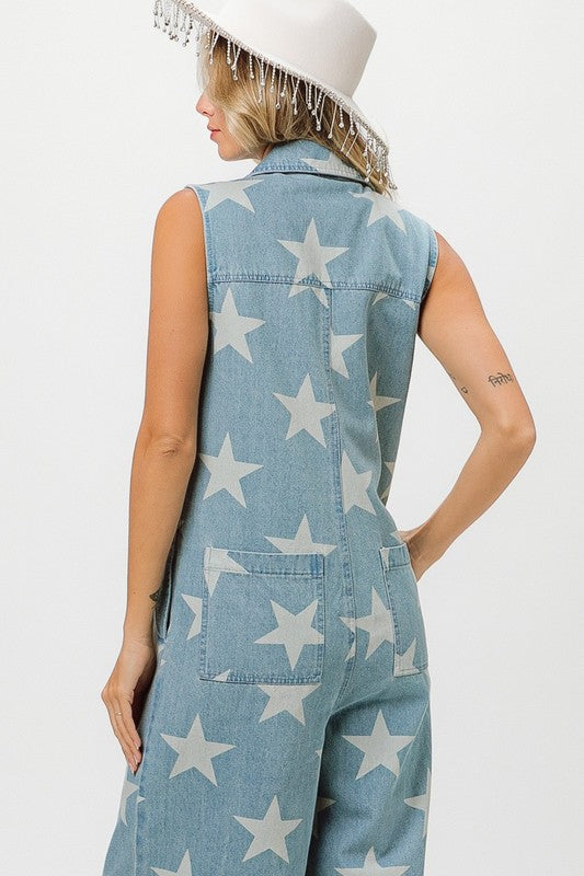 VINTAGE STAR PRINT DENIM ZIP UP OVERALL JUMPSUIT