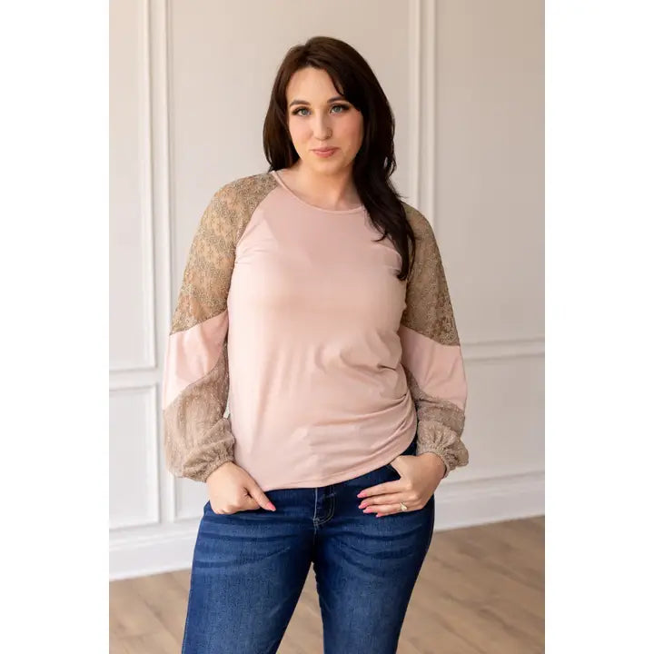 Powder Pink Lace Patch Sleeve Top