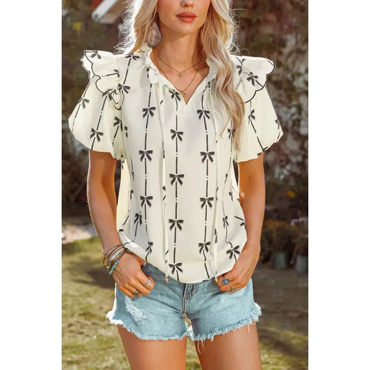 Fashion-W Bow Ruffled Bubble Sleeve Tied Notched Blouse