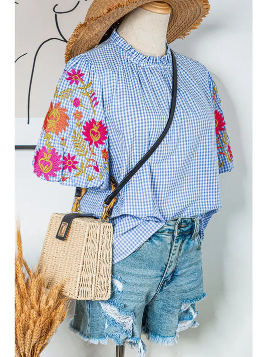 Gingham Floral Embroidered Puff Sleeve Blouse