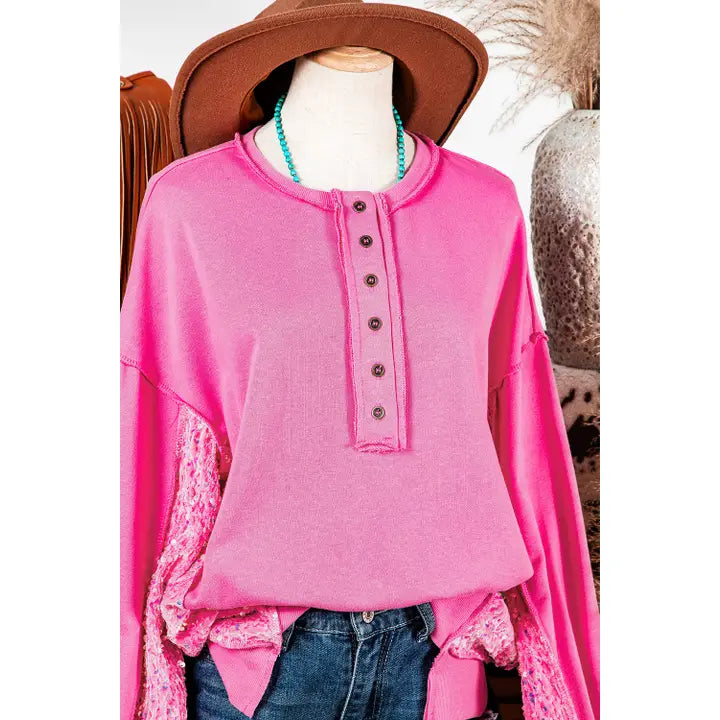 Sequin Patchwork High Low Hem Henley Sweatshirt, Pink