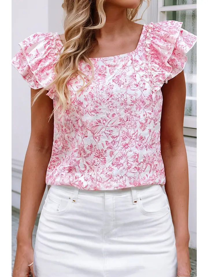 Floral Ruffled Short Sleeve Square Neck Bow Back Blouse