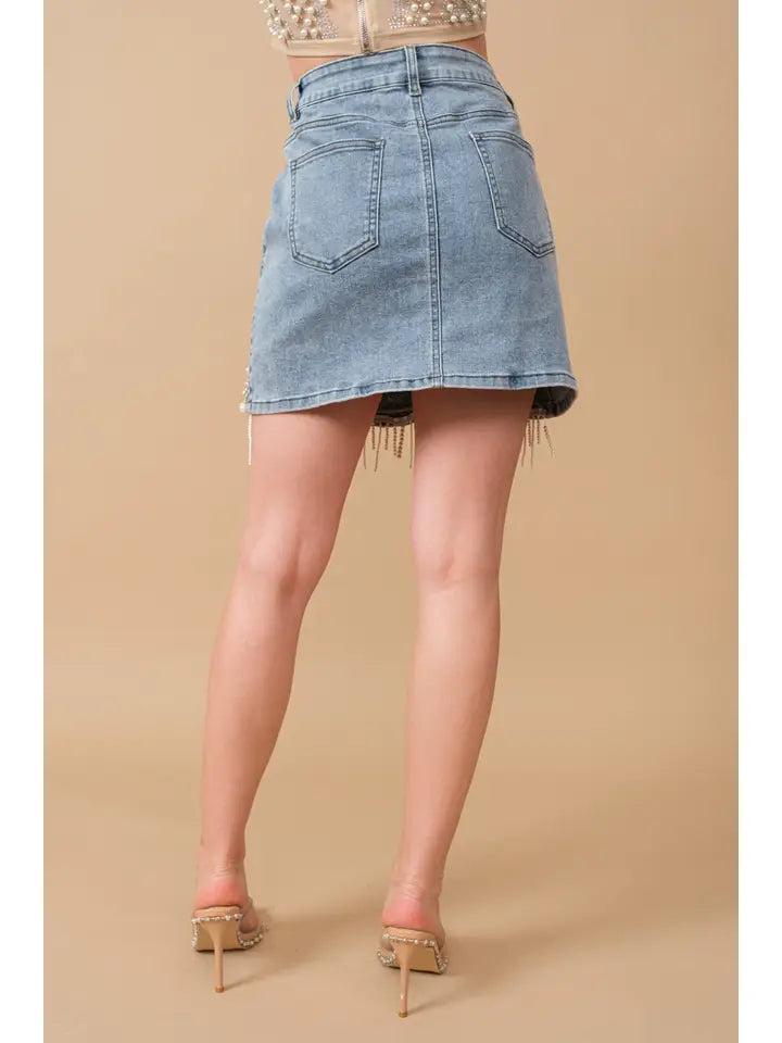 Stretch Denim Embellished Pearl Fringe Mini Skirt