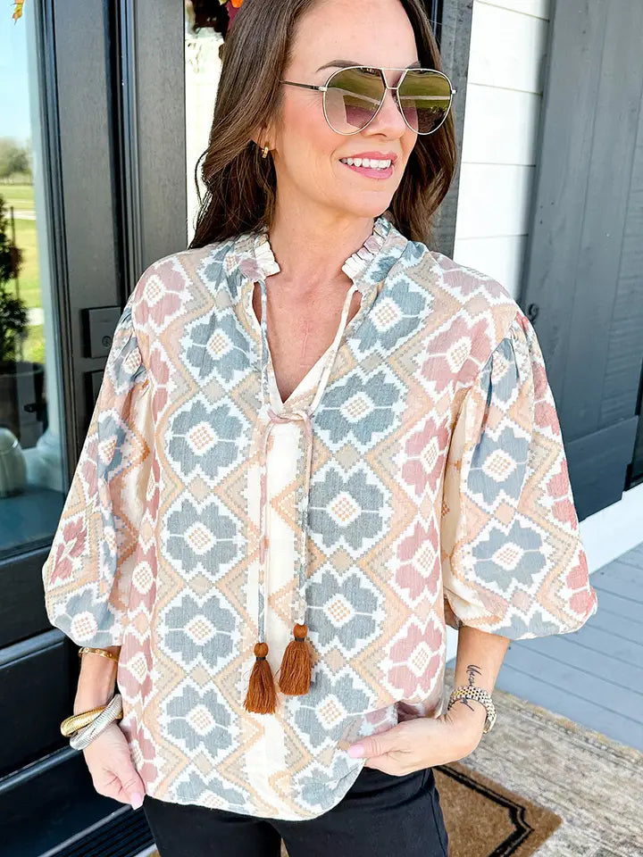 Khaki Geometric Print Tassel Balloon Sleeve Blouse