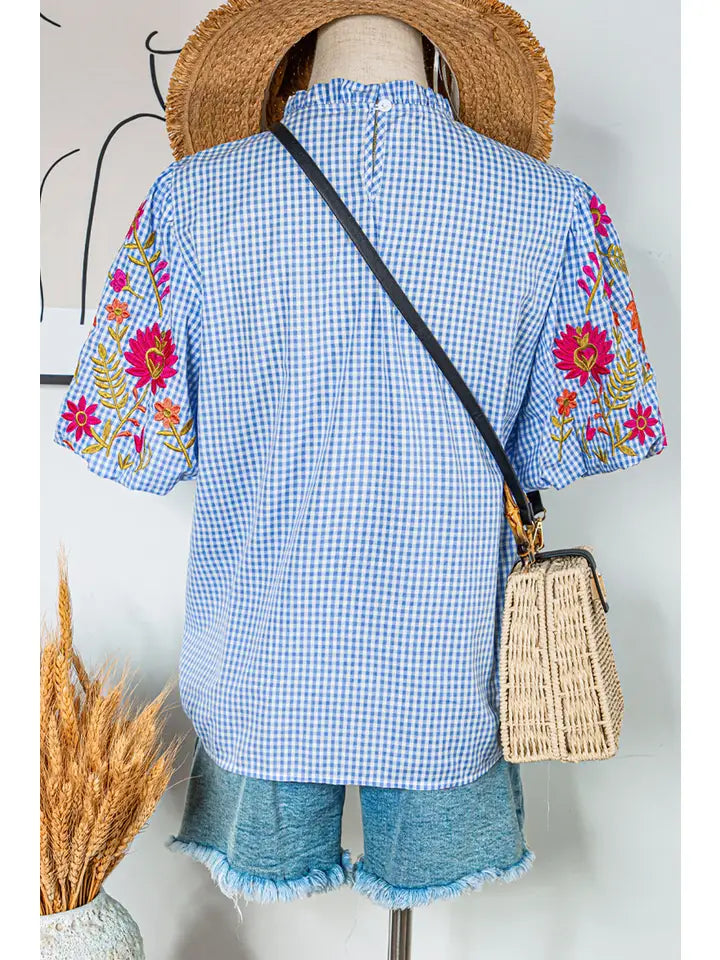 Gingham Floral Embroidered Puff Sleeve Blouse