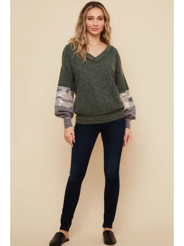 Olive Color Block V-neck Knit Top