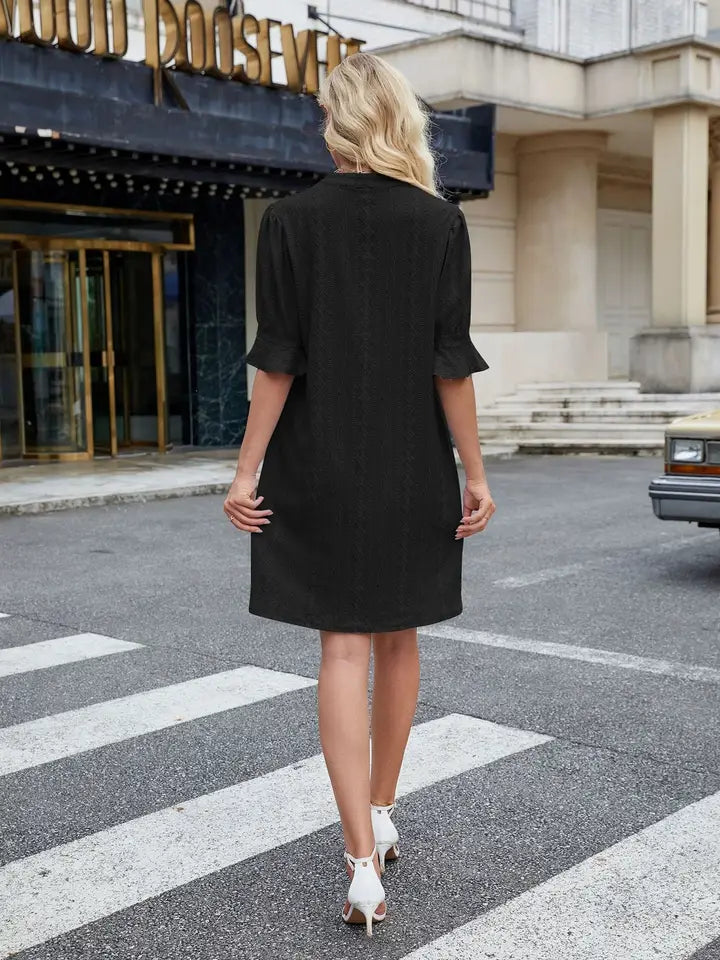 Jacquard Five-Quarter Sleeve V-Neck Dress-Black