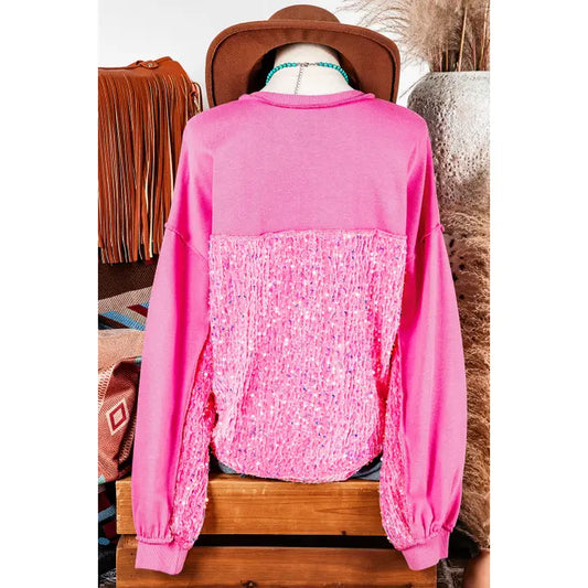 Sequin Patchwork High Low Hem Henley Sweatshirt, Pink