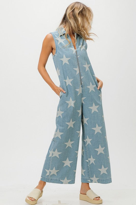VINTAGE STAR PRINT DENIM ZIP UP OVERALL JUMPSUIT