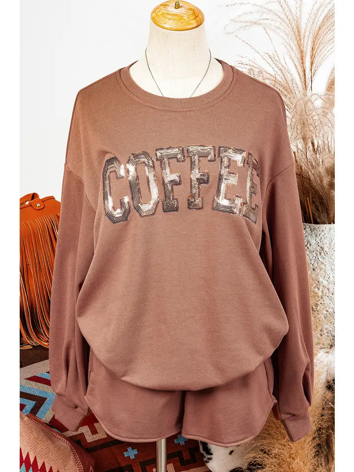 Sequin Coffee Loose Fit Sweatshirt and Shorts Set