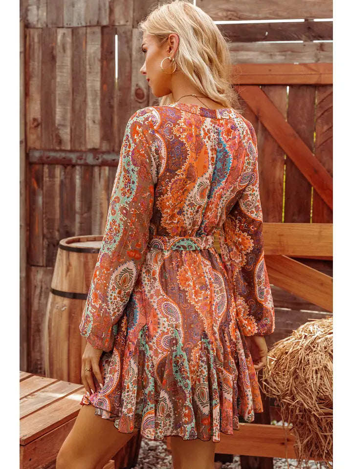 Fall Boho Paisley Long Sleeve Pleated Belted Mini Dress