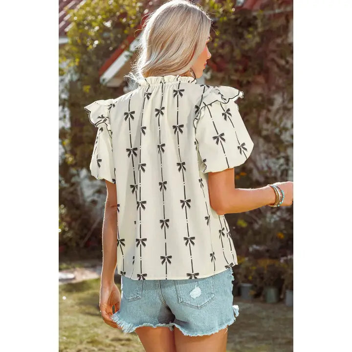 Fashion-W Bow Ruffled Bubble Sleeve Tied Notched Blouse