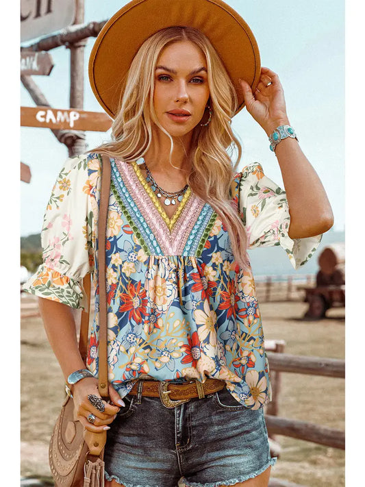Crochet Boho Half & Long Sleeve Floral Blouse